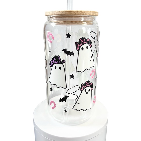 Halloween Cowboy Ghost Handmade Glass Can Cup with Bamboo Lid and Straw - Picture 5 of 6
